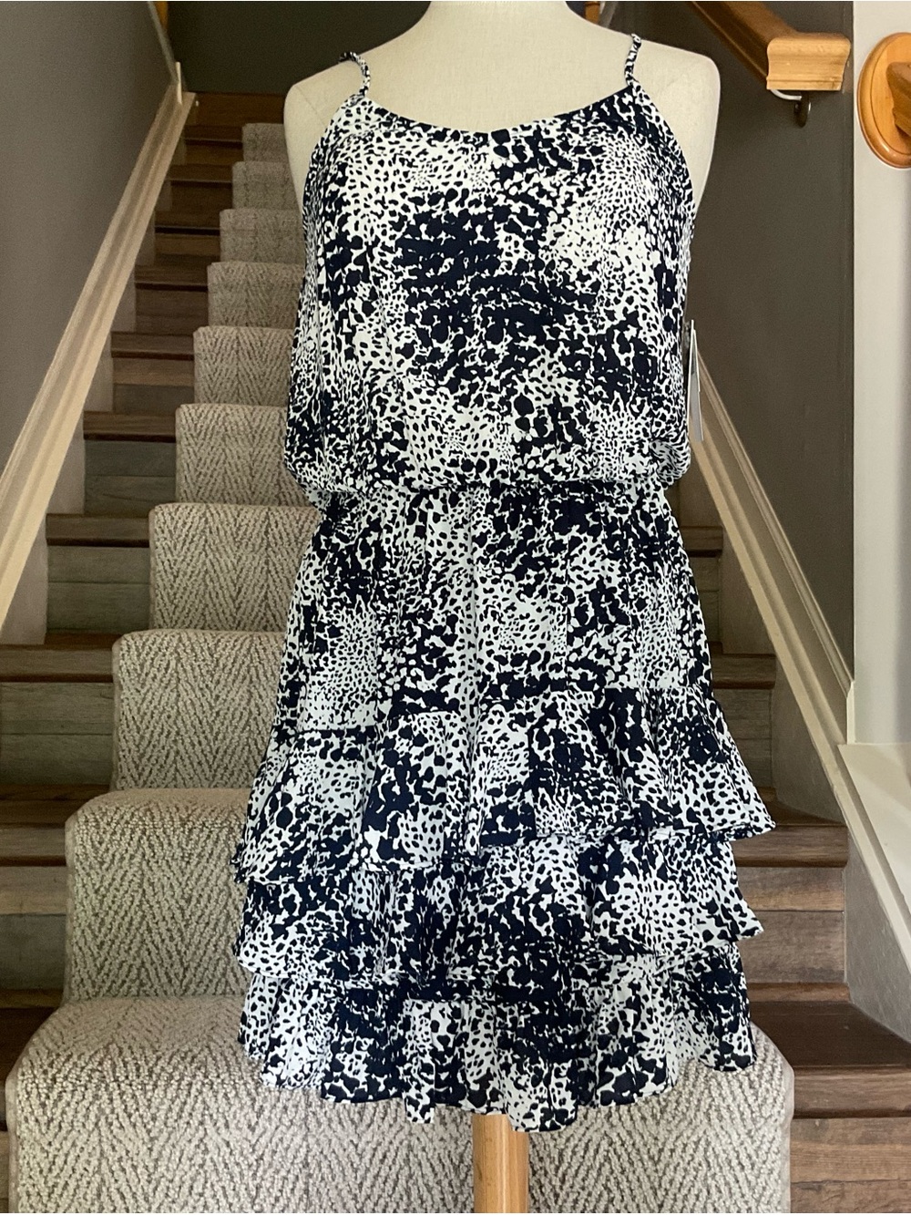 Aqua Navy and White Printed Tiered Spaghetti-Strap Mini Dress